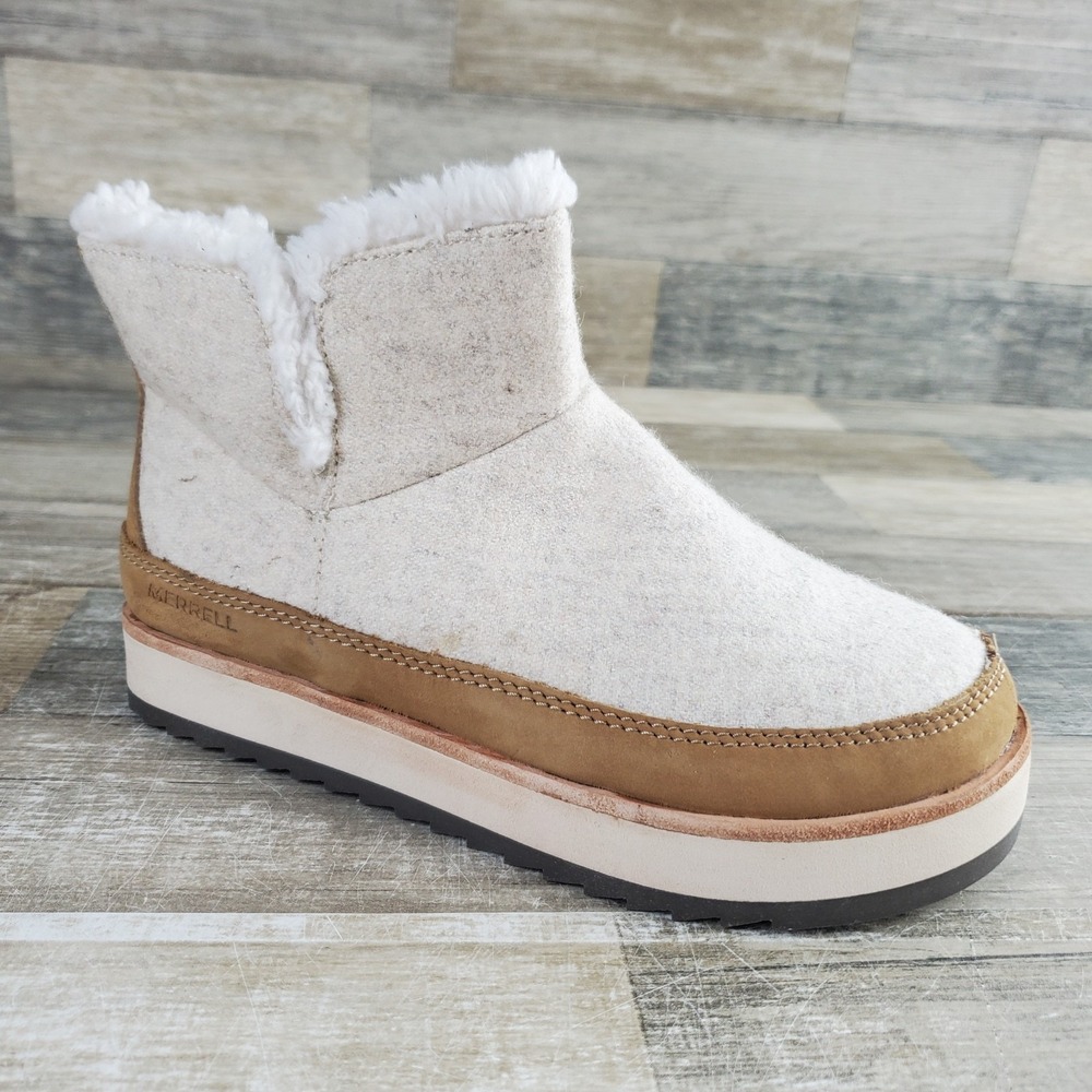 Merrell Juno Womens Snow Boots Sz 5 Gray Camel Wool Comfort Slip On Round Toe